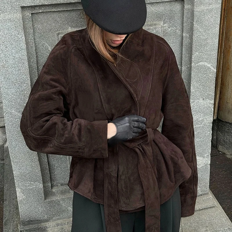 2025 New Autumn Retro Suede Long-Sleeved Jacket Coat Winter Female V Neck Lace Up Jacket Winter Commute Office Lady Outerwear