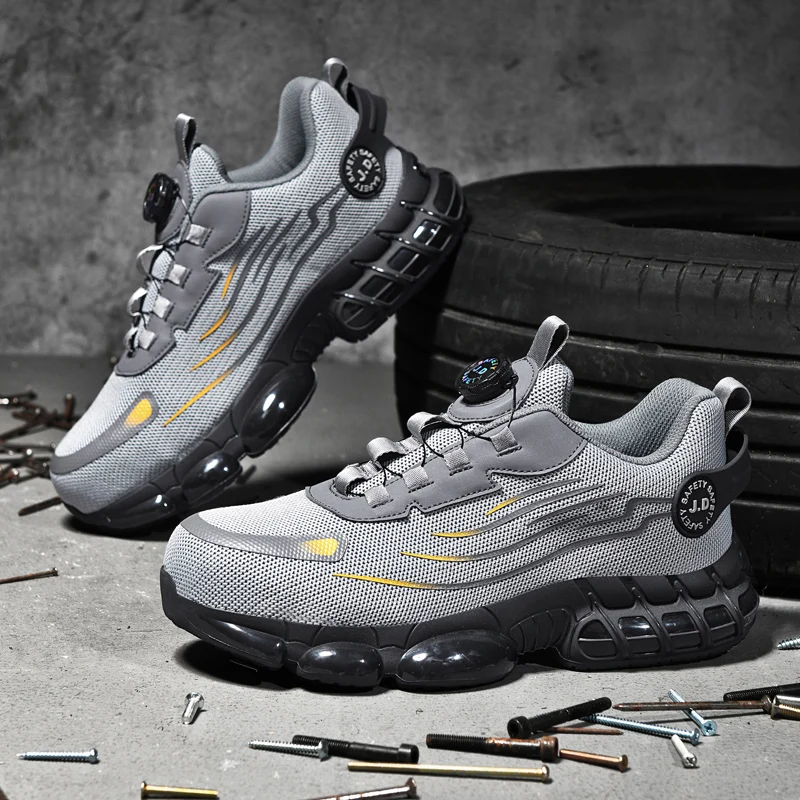 

Grey Rotating Button Safety Shoes Men New Anti-Smash Anti-Puncture Work Shoes For Men Anti-Slip Safety Sport Shoes Man Sneakers