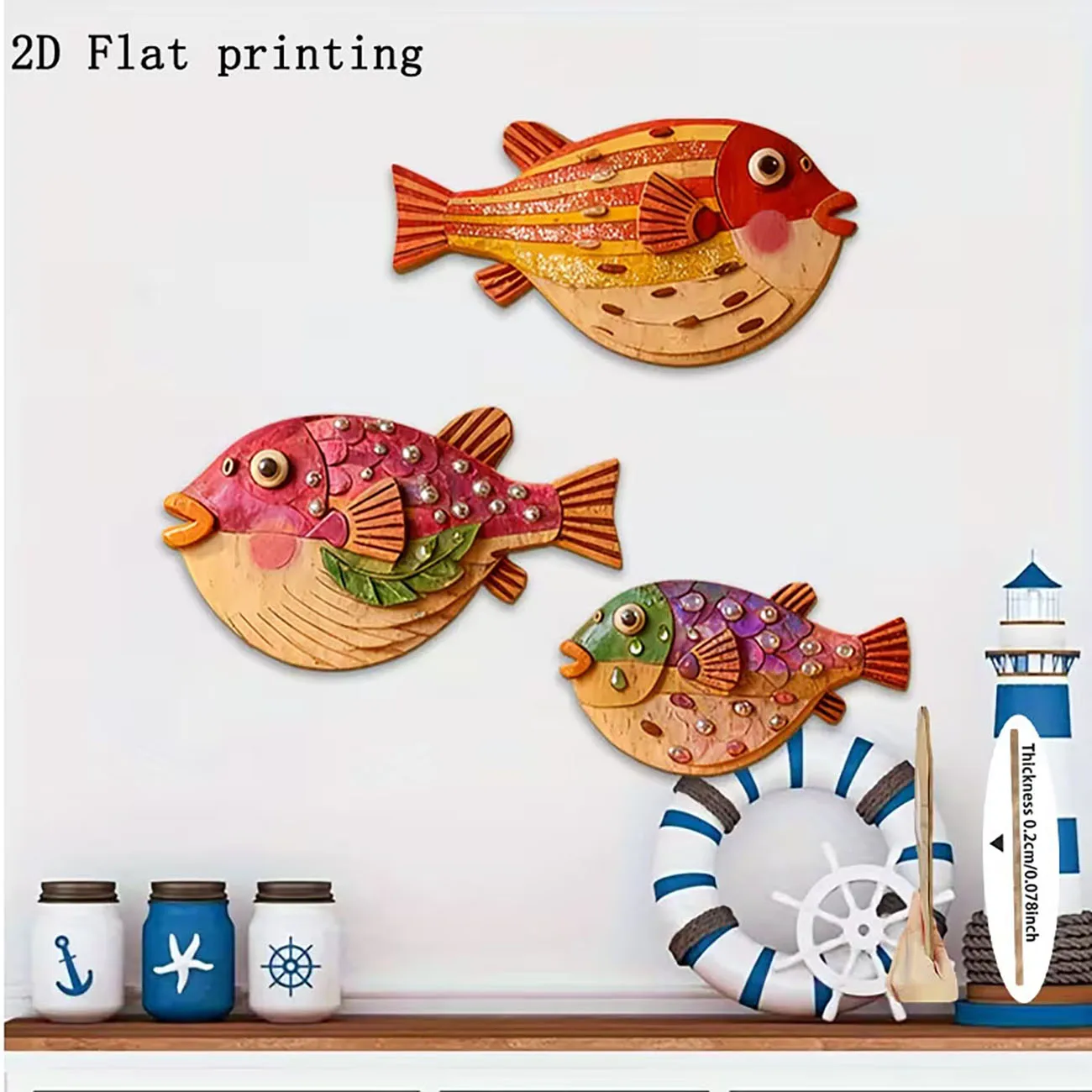 Wooden Colorful Puffer Fish Wall Decor 2D Flat Print Nautical Wall Art for Bedroom Living Room Home Decoration