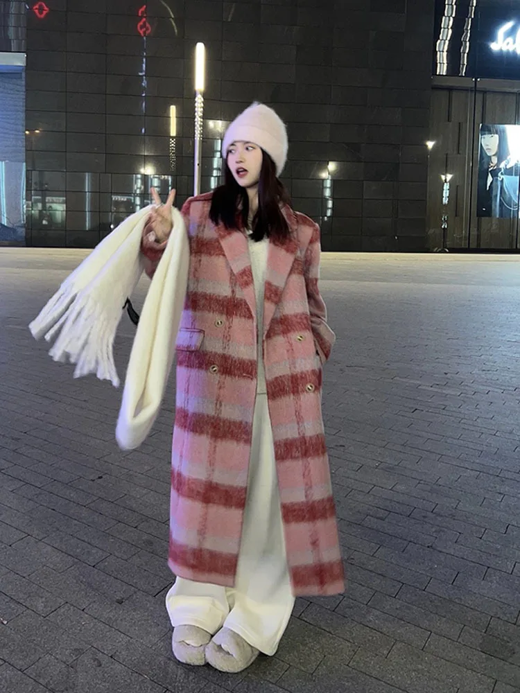 Loose Fit pink Color Casual Plaid Woolen Coat Parkas Lapel New Long Sleeve Women Fashion Tide Autumn Winter 2023