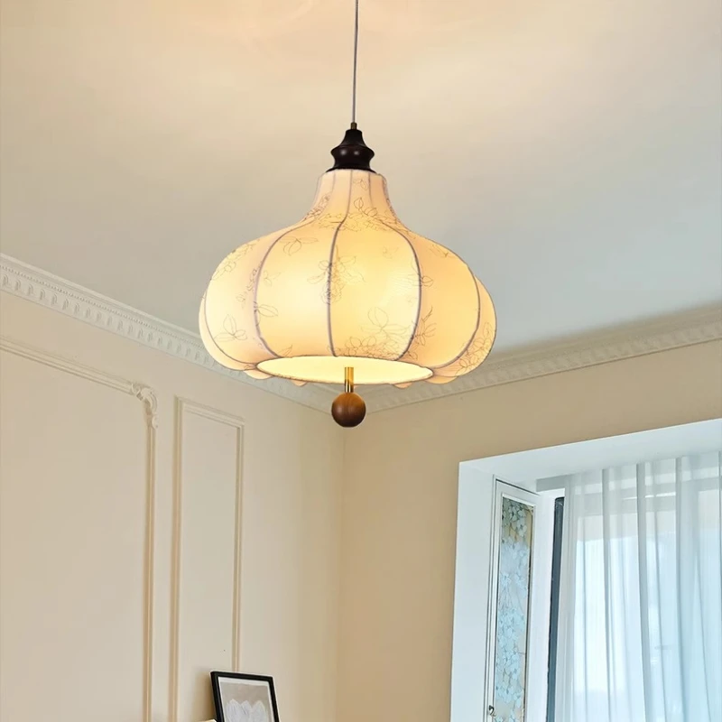 

Mid ancient style pendant light, bedroom retro French fabric solid wood lighting, personalized restaurant pendant light