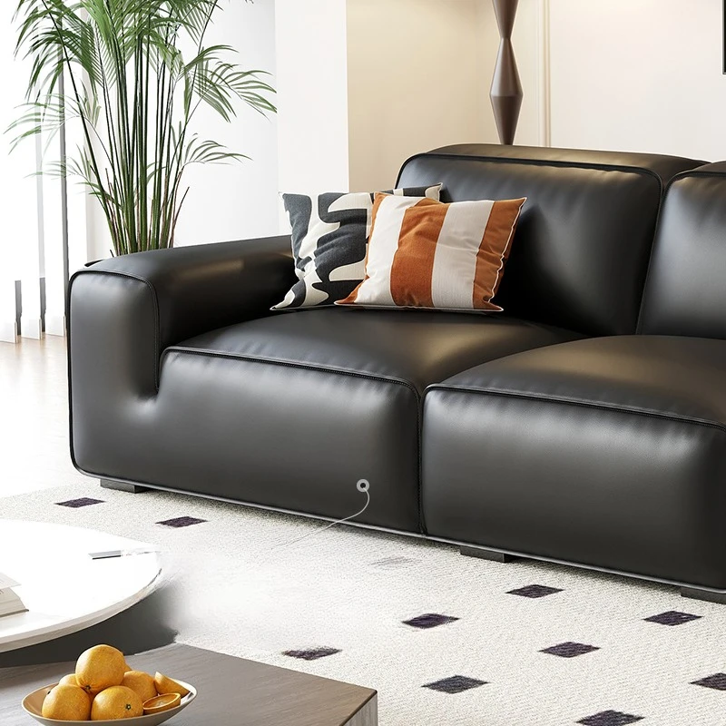 

Big black cow leather sofa living room simple size apartment light luxury sofa