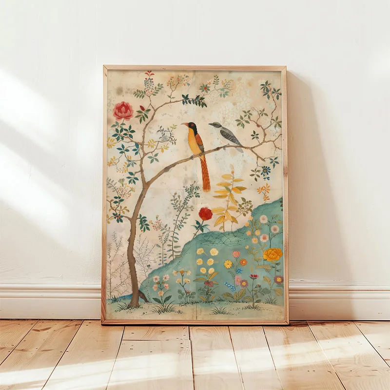 Vintage Chinese Chinoiserie Bird Flower Canvas Wall Art Retro Oriental Antique Style Poster Living Room Study Hallway Home Decor