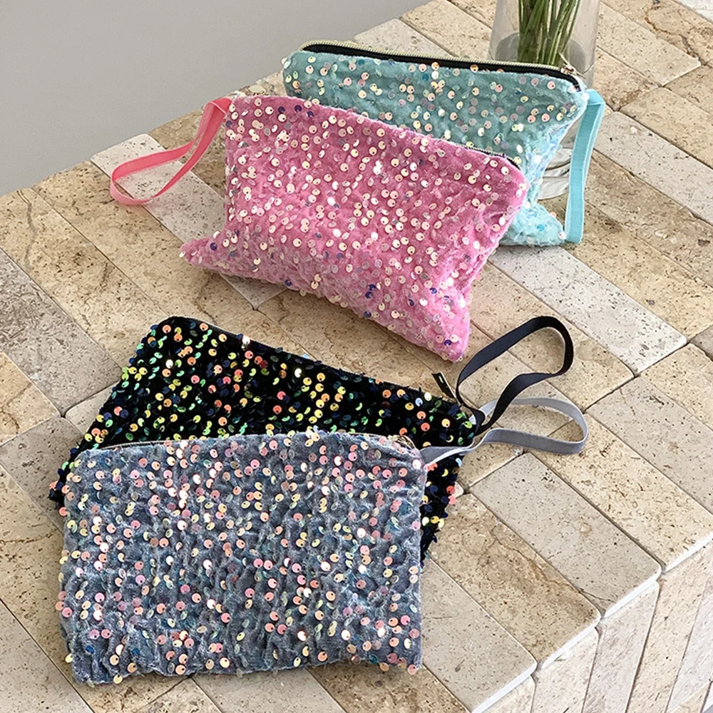 Sequin Cosmetic Bag Storage Bag Glitter Clutch Purse Travel Makeup Bag Lightweight Pouch Organizer Bag With Wrist Strap