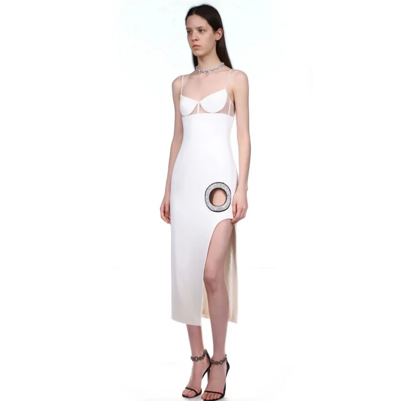 2024 Hot Sale Bandage Dress European and American Fashion Sexy White Suspender Party Formal Dress