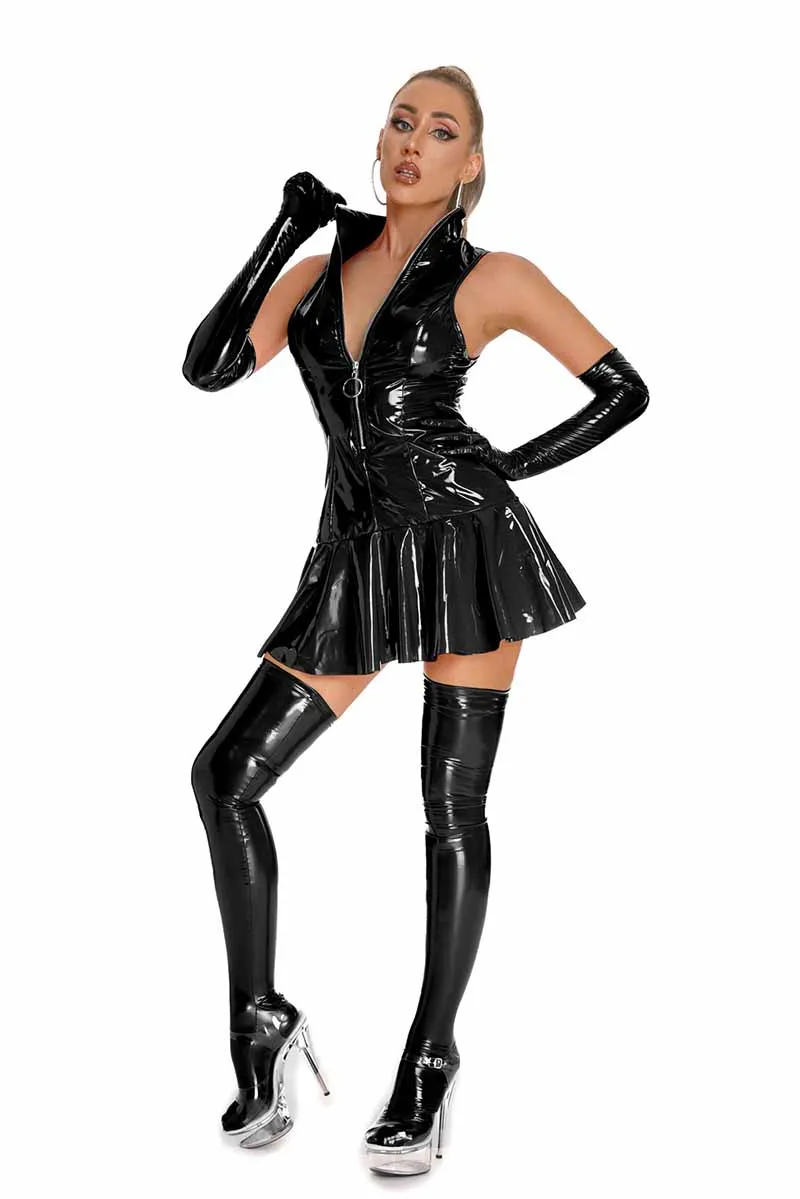 Women PU Leather Wet Look Bodycon Mini Dress Elastic Sexy Pleated Latex Party Dresses Clubwear Nightclub Party Dance Costume