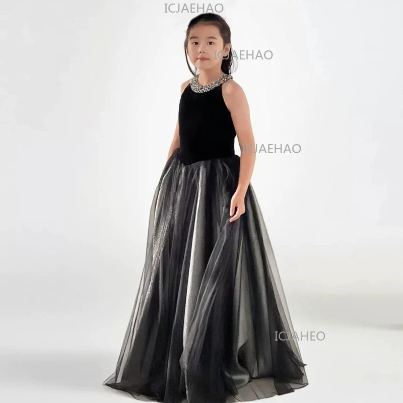 

Children Black Long Sleeveless Girls Piano Performance Gown Violin Concert Host Pageant Outfit Dress Costume Birthday Princess