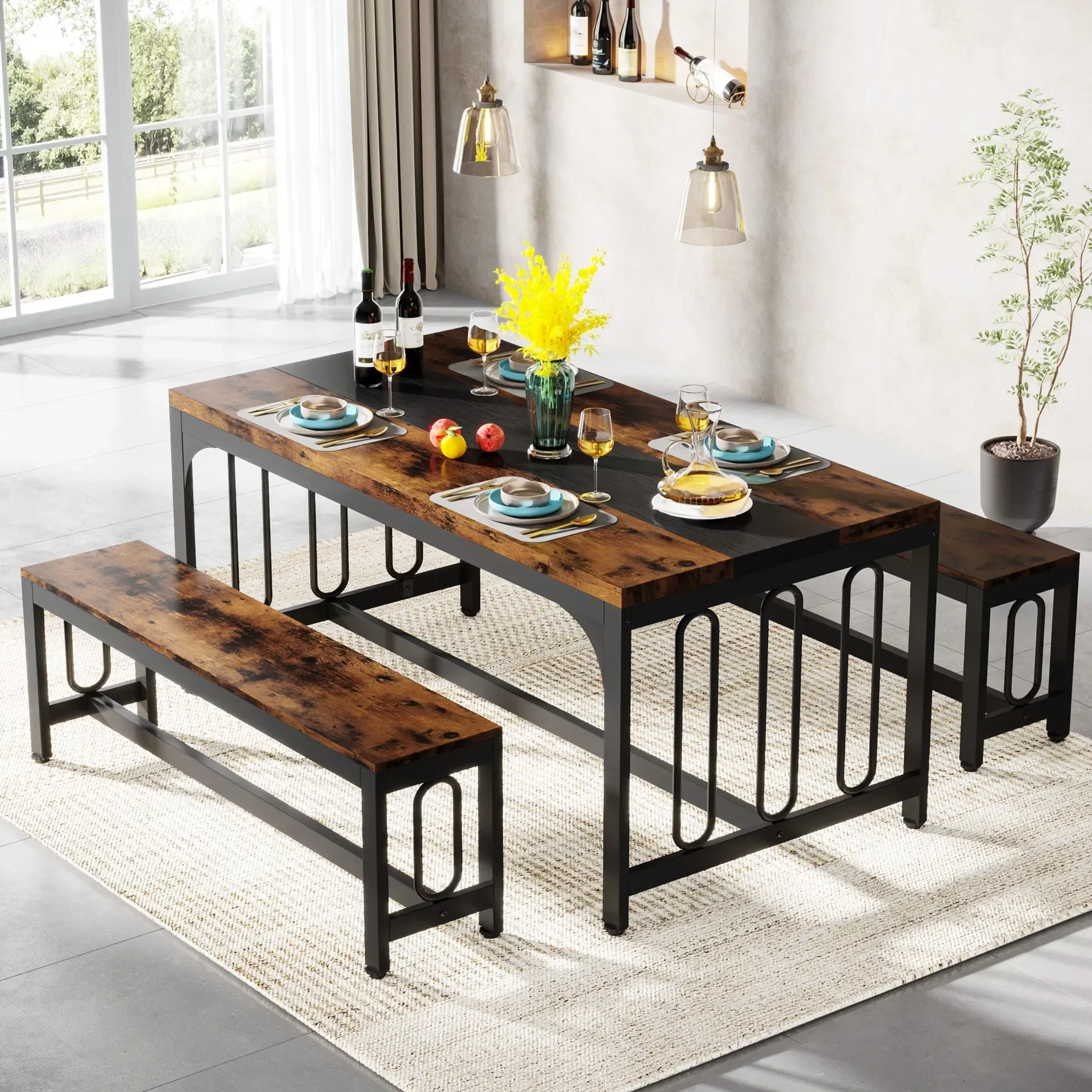 Tribesigns 55 Inch Dining Table Set for 4-6, 3-Piece Kitchen Table with 2 Benches, Space-Saving Dining Room Table Set