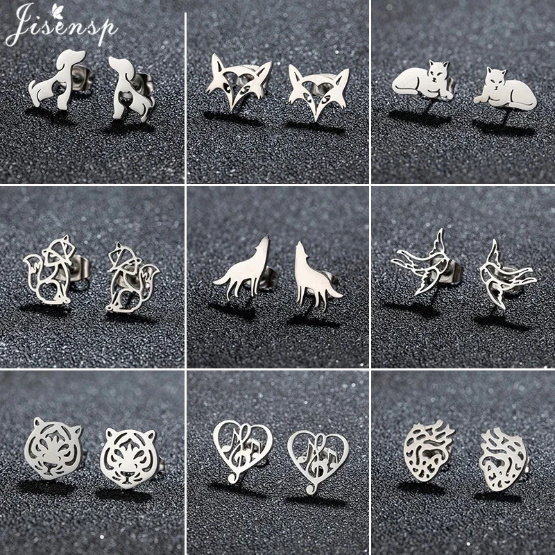 Punk Gothic Stainless Steel Wolf Earrings for Women Men Minimalist Dog Birds Tiger Lion Ear Studs Small Animal Pendientes Gift