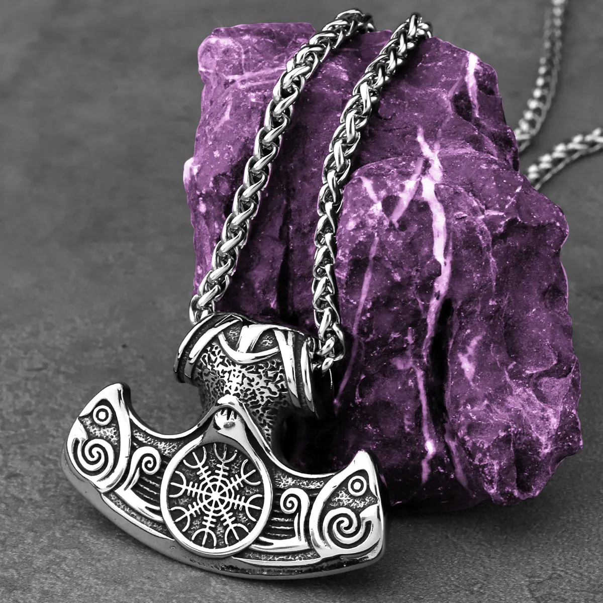 Stainless Steel Vikings Thor Helm of Awe Axe Necklace Men's Vintage Fashion Amulet Pendant Necklace Vegvisir Celtic Jewelry Gift
