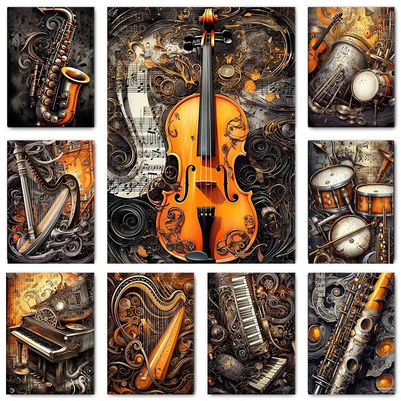 Black and Gold Instrument Violin Piano Poster Punk Serenade Orchestra Canvas Painting Retro Wall Art for Living Room Home Decor