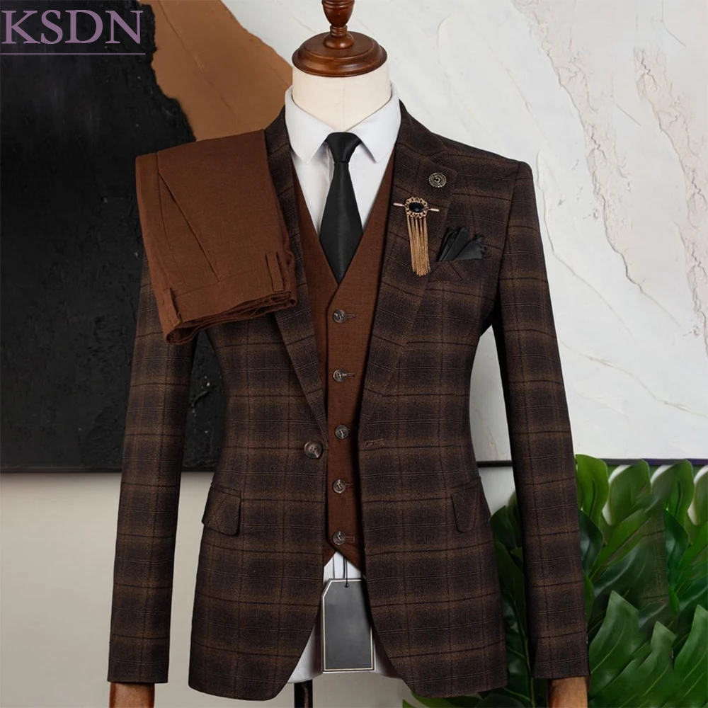 Slim Fit Men's Suits Check Pattern One-Button 3 Piece Jacket Pants Vest Full Sets High Quality Slim Fit Male Clothing Terno