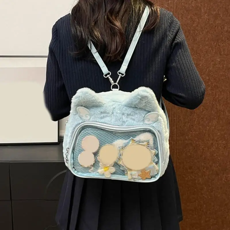 2025 Nuova borsa a tracolla morbida in peluche con display trasparente frontale per spille anime convertibili in zaino con