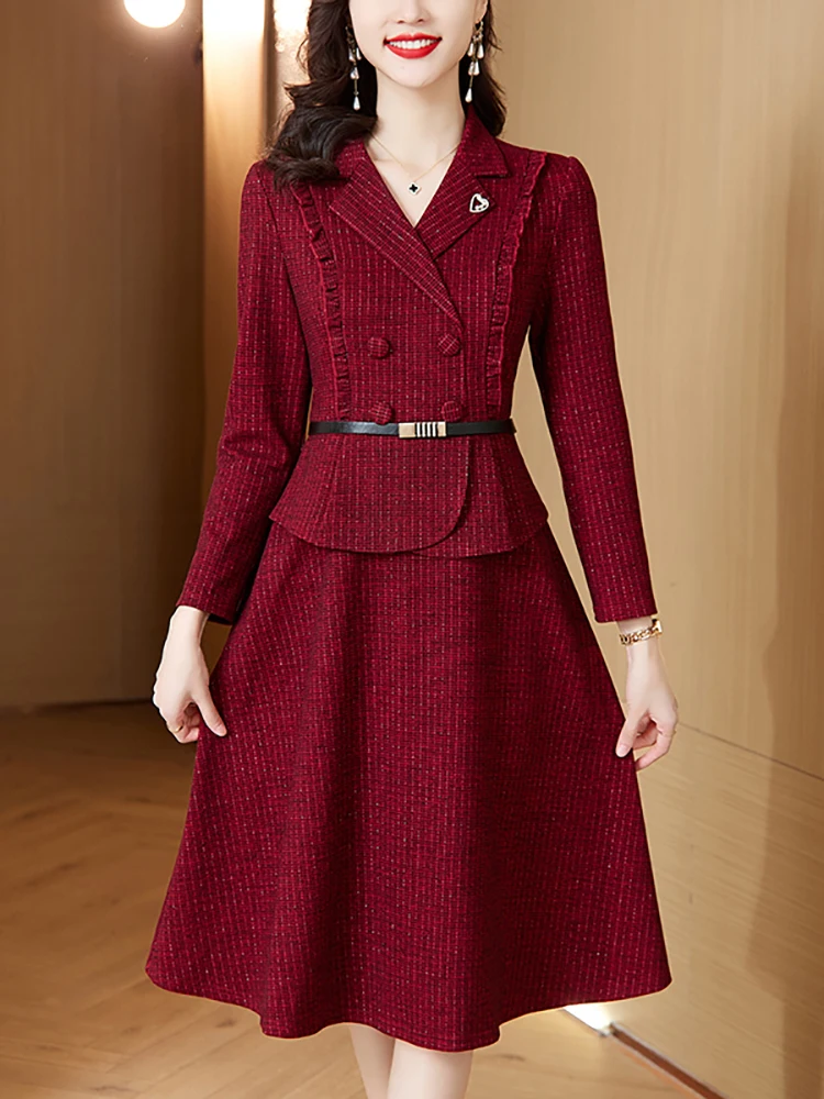 Autumn Winter Red Long Sleeve Midi Suit Dress Women Fashion Patchwork Fake Two Piece Dress 2024 New Korean Elegant Bodycon Dress