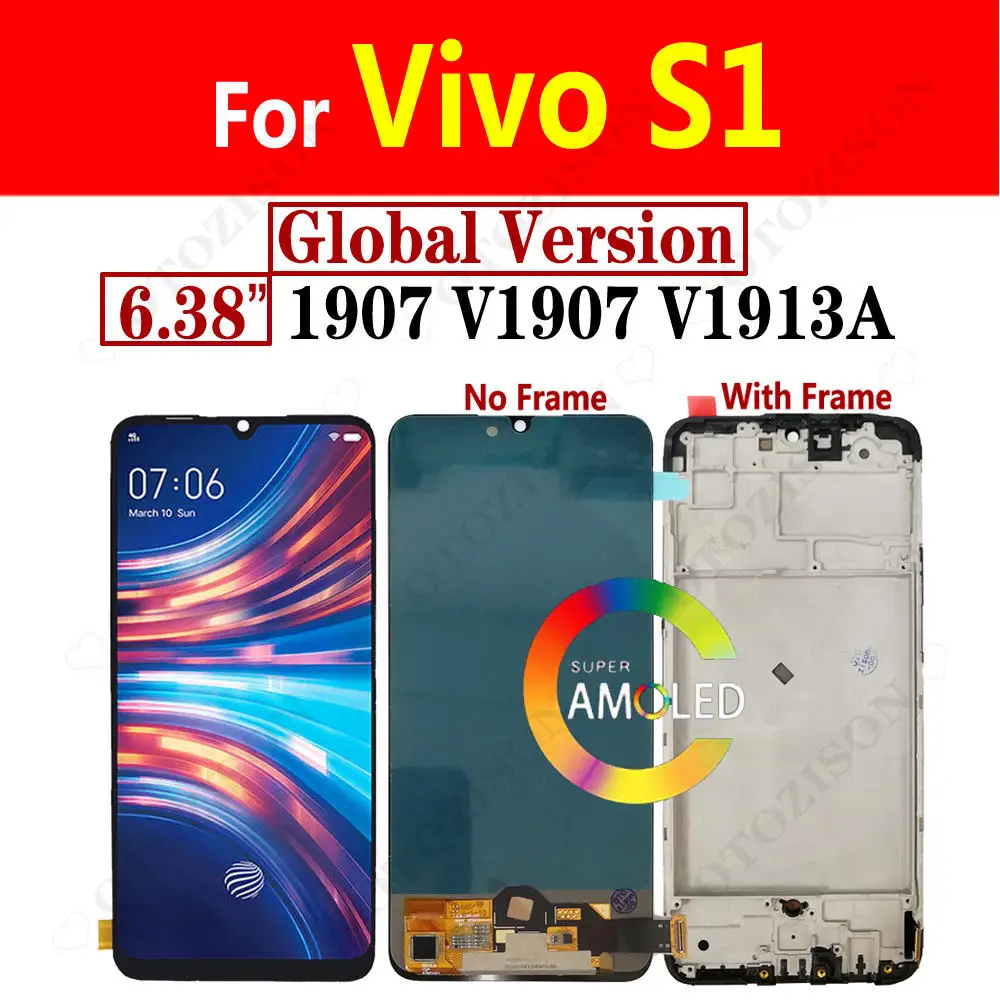 Super AMOLED LCD With Frame For Vivo S1 Global Version Display Screen 1907 V1907 V1913A LCD Touch Digitizer Assembly Replacement