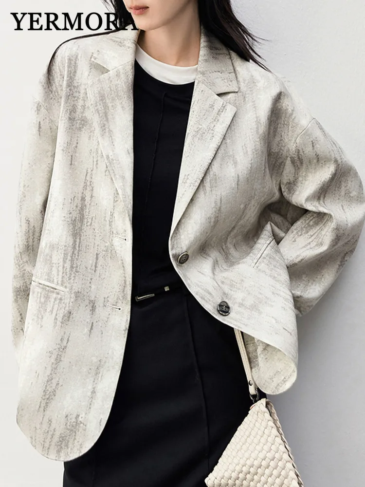 

YERMORA Beige Button Big Size Brief Casual Blazer For Women Lapel Long Sleeve Loose New Jacket Fashion Tide Spring Autumn 2025