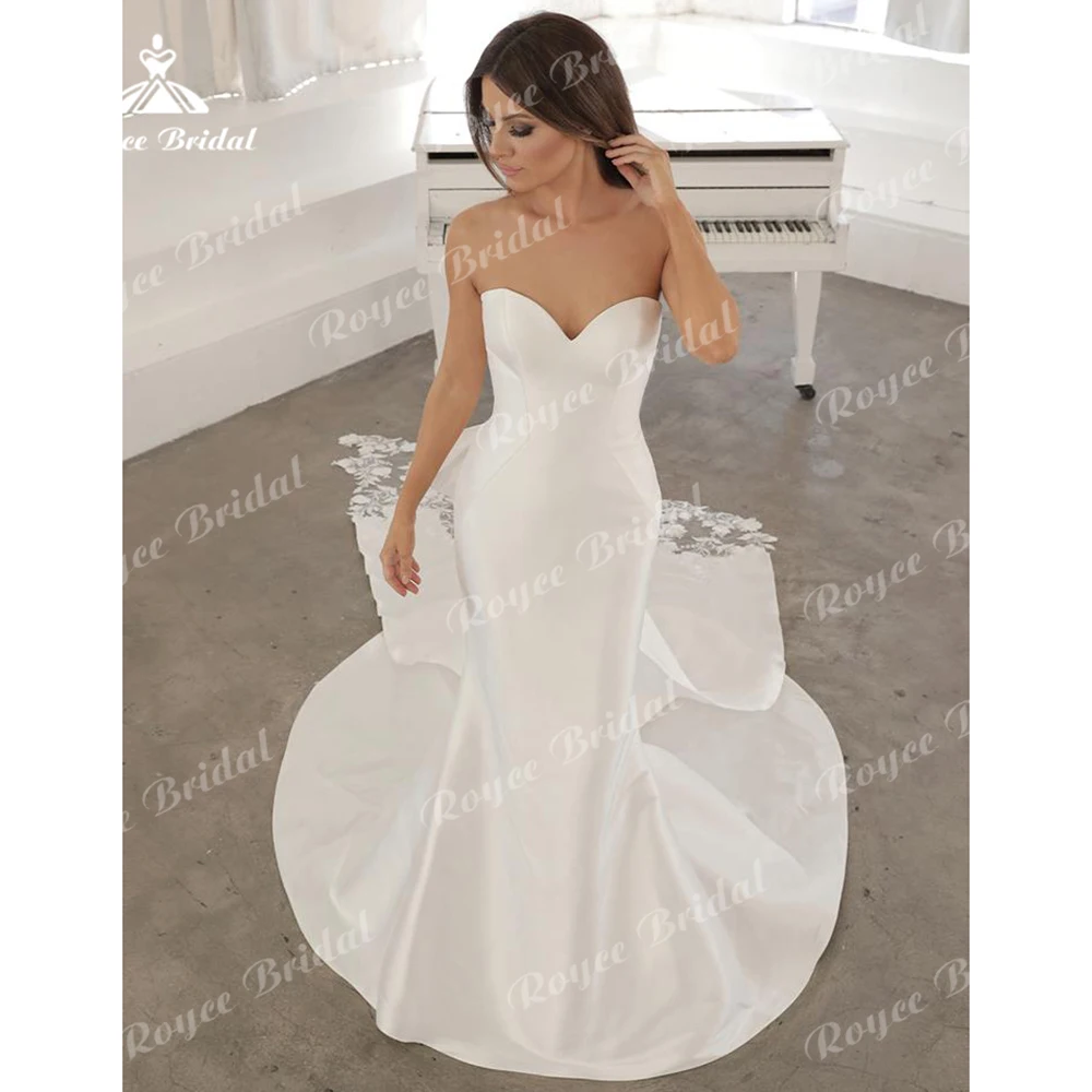 Simples querida sem mangas voltar botão arco cetim sereia vestido de casamento para as mulheres sexy vestido de noiva renda varredura vestidos de novia