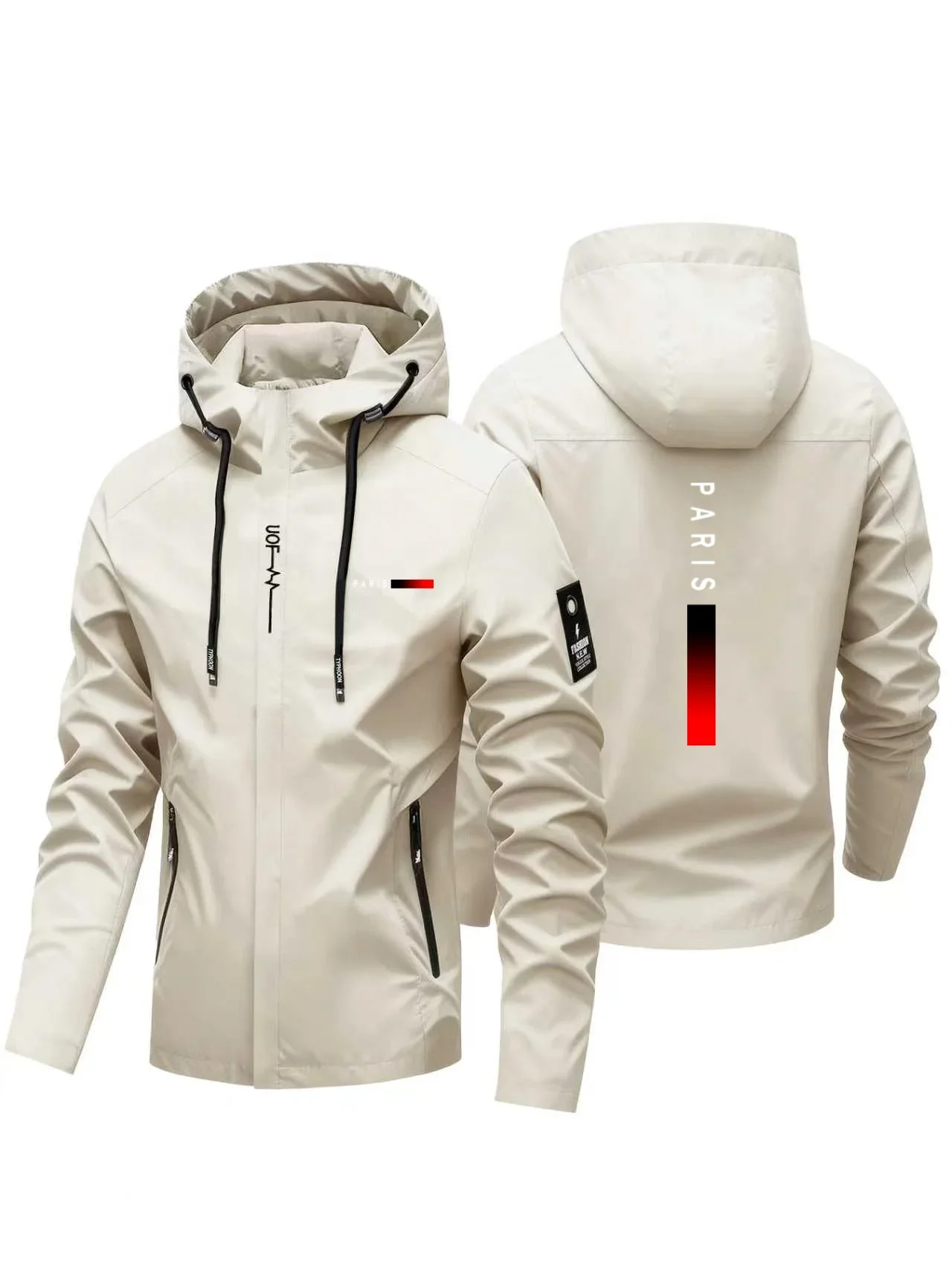 Men Streetwear Hooded Outdoor Jacket Back Vertical PARIS Letter Gradient Bar Graphic Print Windbreaker Casual Hiking Travel Coat
