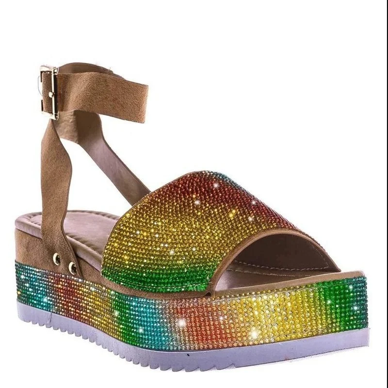 Popular Rhinestone Fashion Sandals Women Summer New One-word Buckle All-match Muffin Women Shoes Large Size Personality Sandals