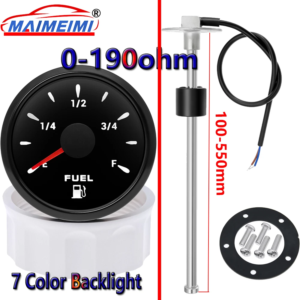 52mm Fuel Level Gauge Boat Marine Fuel Tank Level Gauge 7-color with 100-550mm fuel level sensor for car boat truck