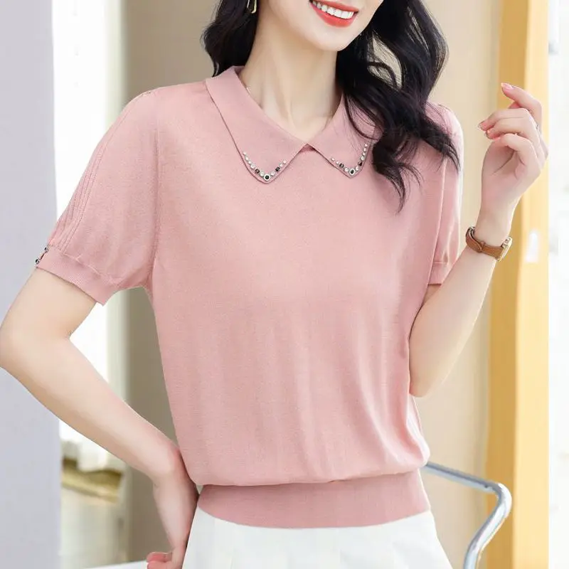 

Summer Short Sleeve Women Knitted Thin Sweater Female Silk Polo Neck Pullover Top Ladies Solid Loose Casual Jumpers 2026 TS809