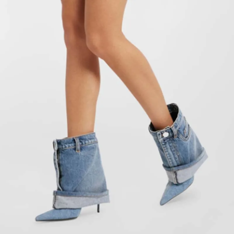 Denim Short Pants Boots Thin High Heels Pointed Toe Overlay Ankle Booties Wide Top Women's Trend Folded Shoes