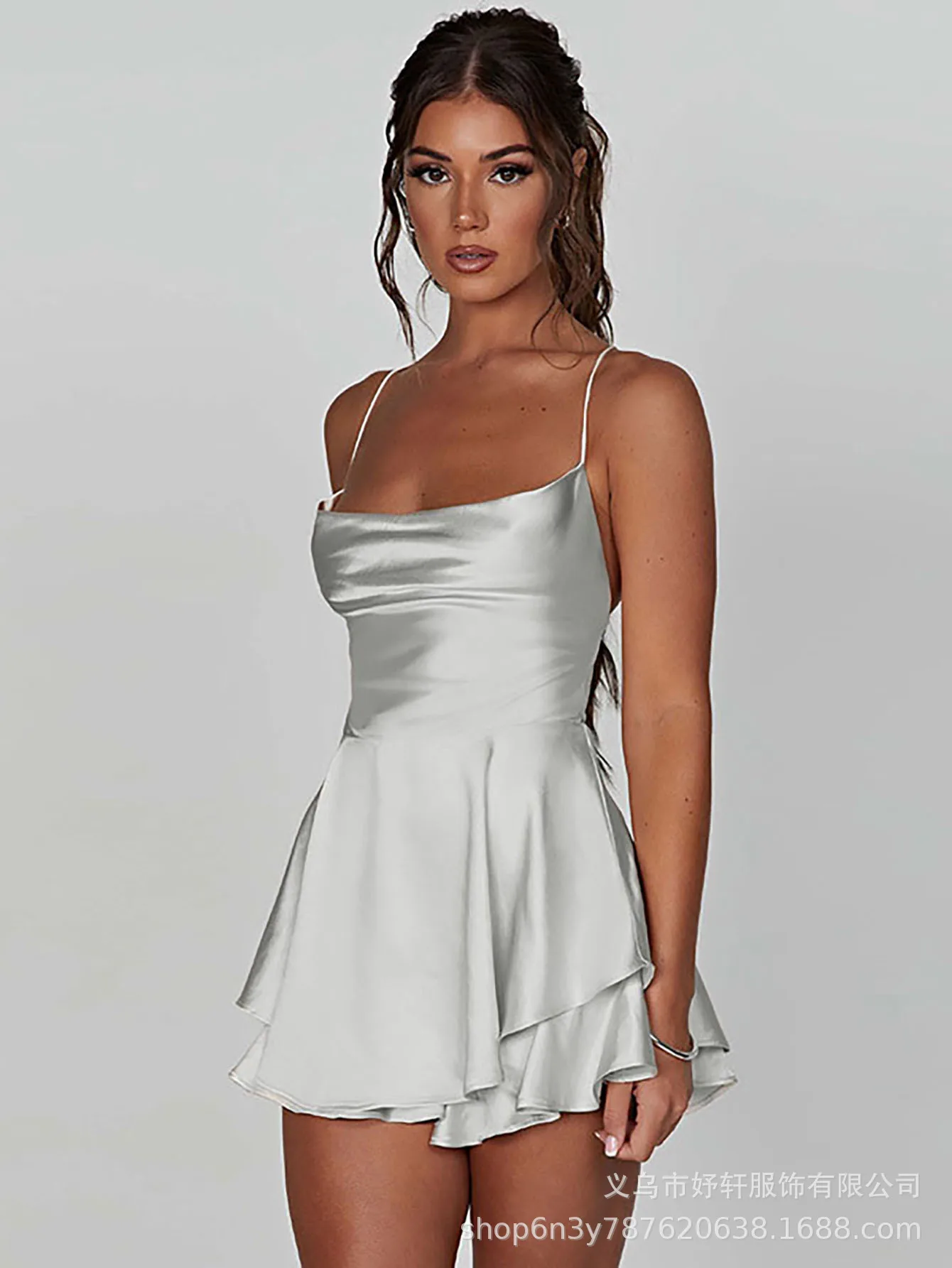 2026 Sexy Satin Mini Dress for Women Spaghetti Strap Slim Fit with Ruffle Hem Solid Color Party Club Guest Dress Multi Color