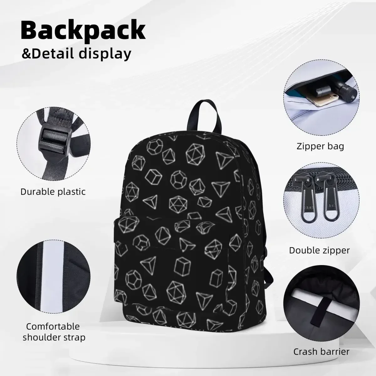 DnD Dice White On Black Pattern Woman Backpacks Boys Girls Bookbag Fashion Students School Bags Portability Laptop Rucksack