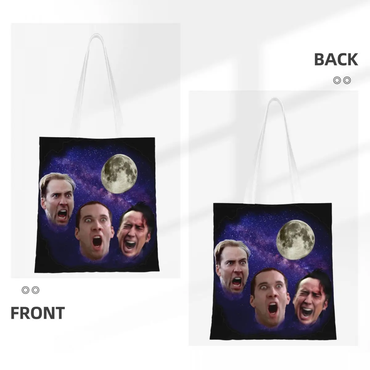 Nicolas Cage Moon Meme sacolas femininas, bolsa de lona, bolsa de ombro, bolsa de compras casual