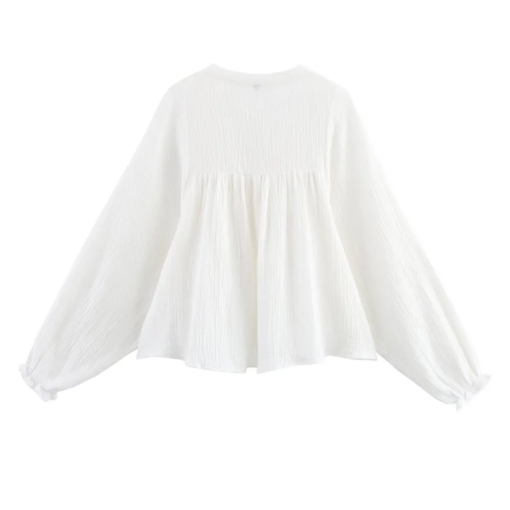Camisa bordada holgada  para mujer, cuello en V, manga larga, botonadura sencilla, color liso, blusa de viaje para primavera y verano, nueva blusa elegante para mujer