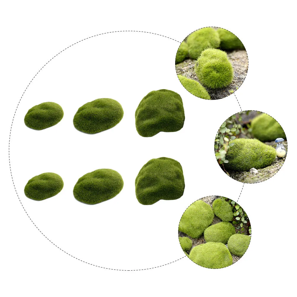 

6pcs Fake Stone Decor Green Simulation Stones For Micro Landscape Diy Home Garden Flocking Moss Stone Ornament Train Accessory