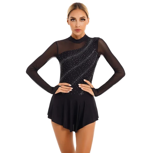 Imagen 2 del producto Mono de patinaje artístico para mujer, leotardo de gimnasia de manga larga con empalme de malla transparente y diamantes de imitación brillantes, vestido de Ballet, mono de baile