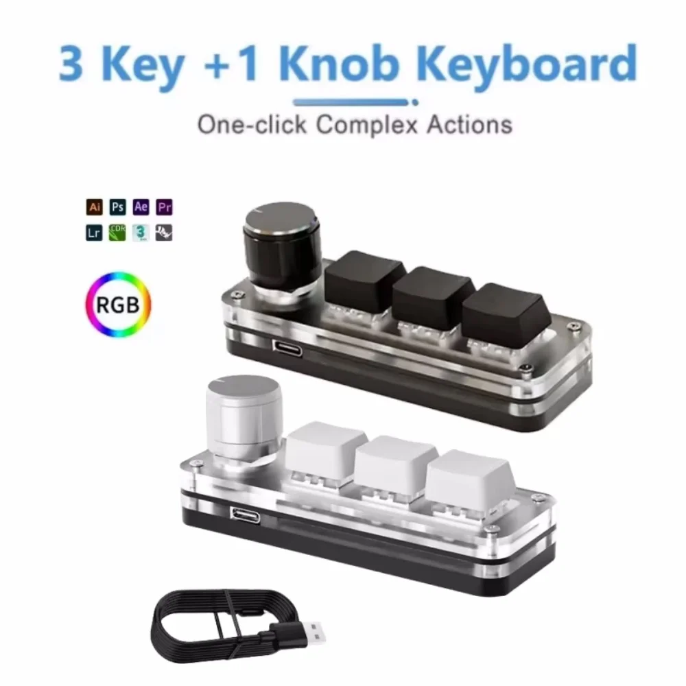 RGB 3 key 1 Knob Customize Mini Macro Mechanical Keyboard Copy Paste Shortcut Key E-sports Game Custom Hot Swap Mini Keyboard