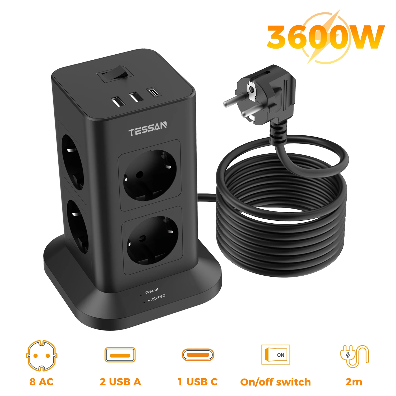 TESSAN Tower Extension Power Strip met USB EU-stekker Tower Meerdere stopcontacten met schakelaar Overspanningsbeveiliging 2M verlengstopcontact