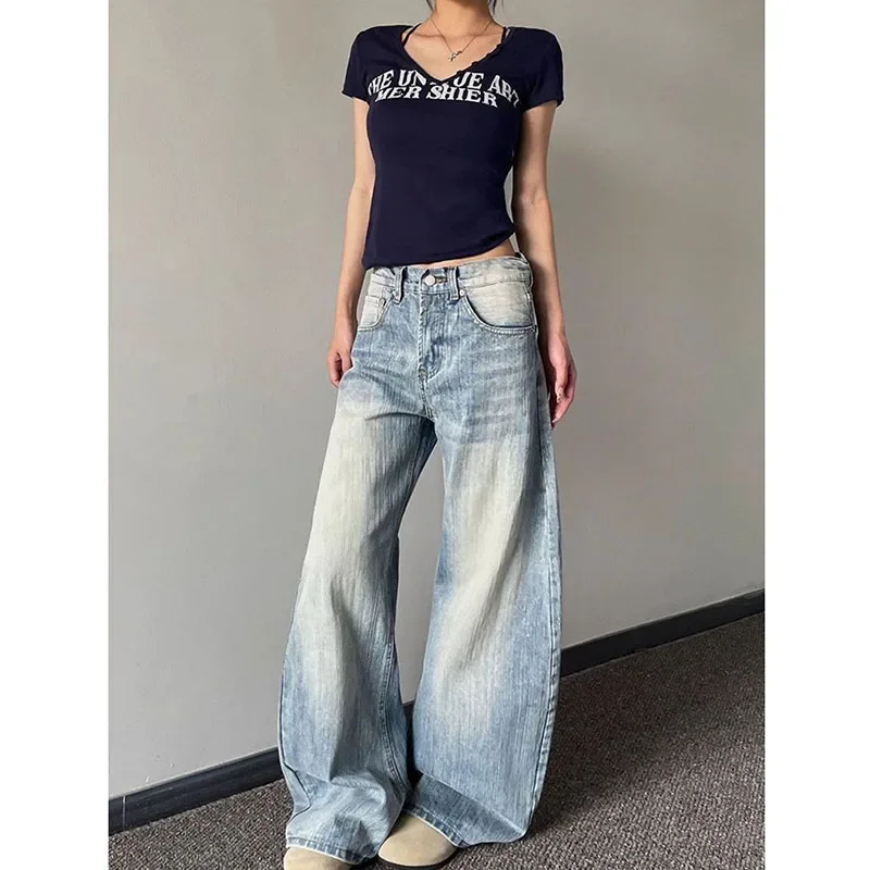 Women's Vintage Washed Denim Pants American Retro Baggy Y2K Wide Leg Jeans Woman High Waisted Light Blue Cowboy Sickle Trousers