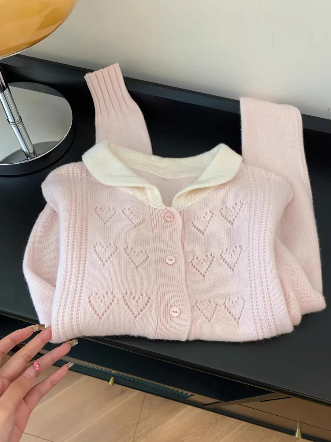 Pink Heart-shaped Crochet Sweater Women 2024 Autumn New Sweet Peter Pan Collar Knitted Top Korean Style Loose Long Sleeve Jacket