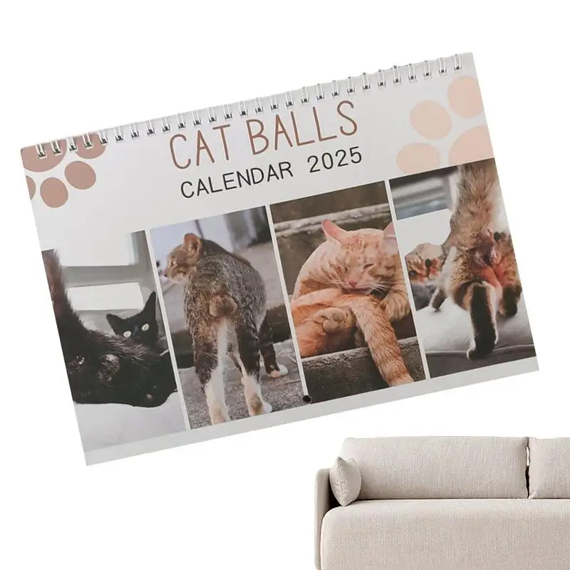 2025 Funny Hangable Paper Calendar Cat Balls Monthly Gag Humor Gift Prank Calendar for Home Livingroom Bedroom New Year Decor