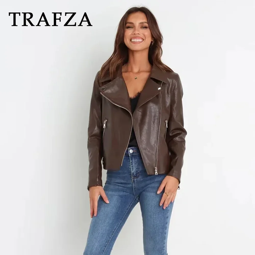 TRAFZA 2023 donne autunno Casual PU cerniere giacche moda inverno Vintage solido cappotto dritto per le donne Streetwear giacca donna