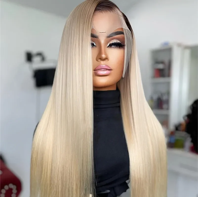 Perruque Lace Front Wig sans colle lisse et douce, cheveux de bébé, blond ombré, densité 180%, 26 pouces, 613, pre-plucked, pour femmes noires, degré de chaleur