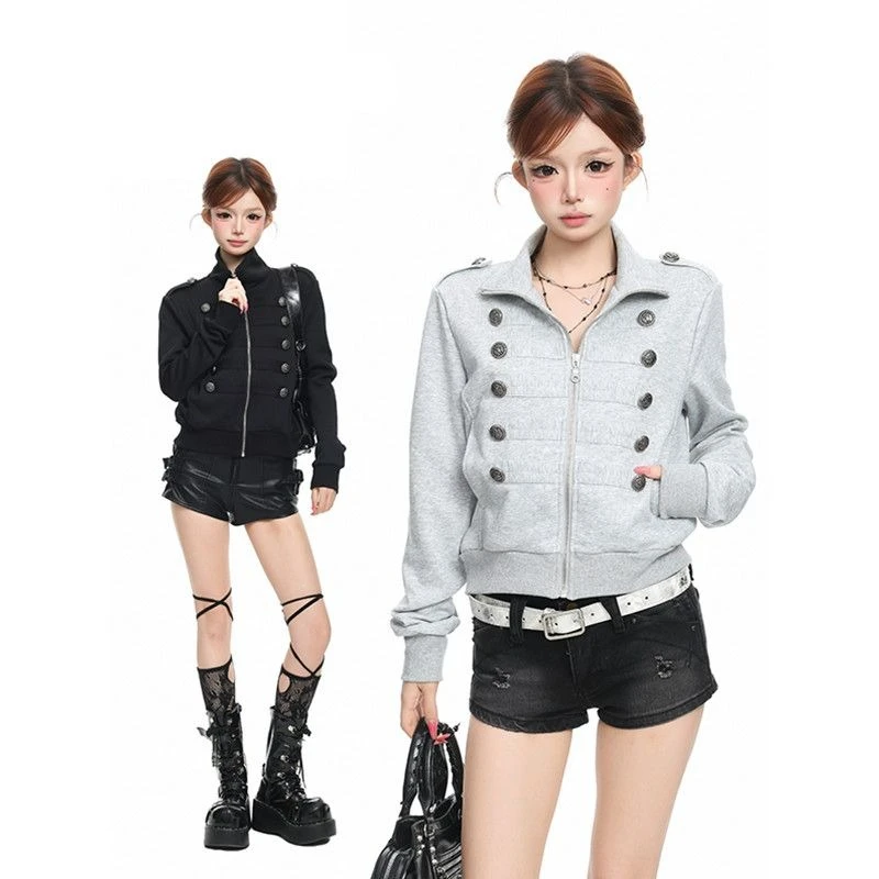 American Vintage Long Sleeve Jacket Solid Button Patchwork Women Streetwear Y2k Retro Bodycon Coat Zipper Stand Collar 2026