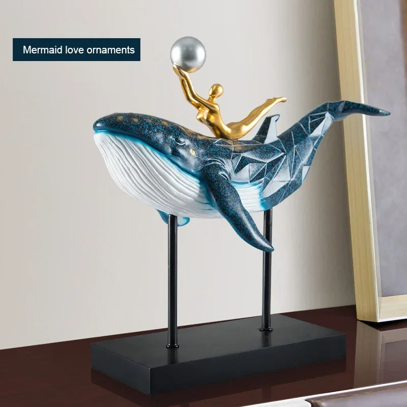 Nordic Modern Light Luxury Whale Ornaments Creative Resin Mermaid Love Home Living Room Porch Move High-End Decoration