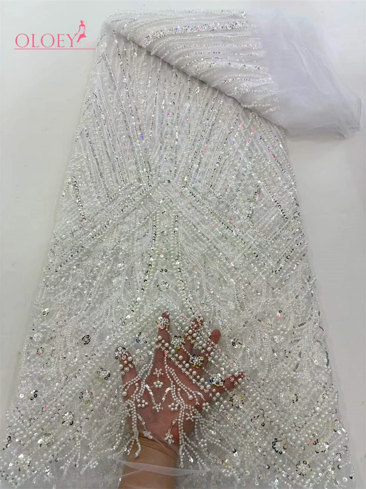 

OLOEY Luxury African Beaded Lace Bridal Fabric 2026 High Quality French Nigerian Sequins Tulle Material Ladies Wedding Party Dre