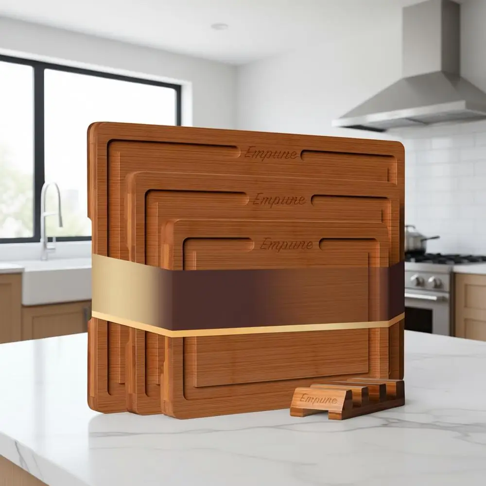 

Набор коричневых деревянных разделочных досок с держателем для приготовления и сервировки на кухне