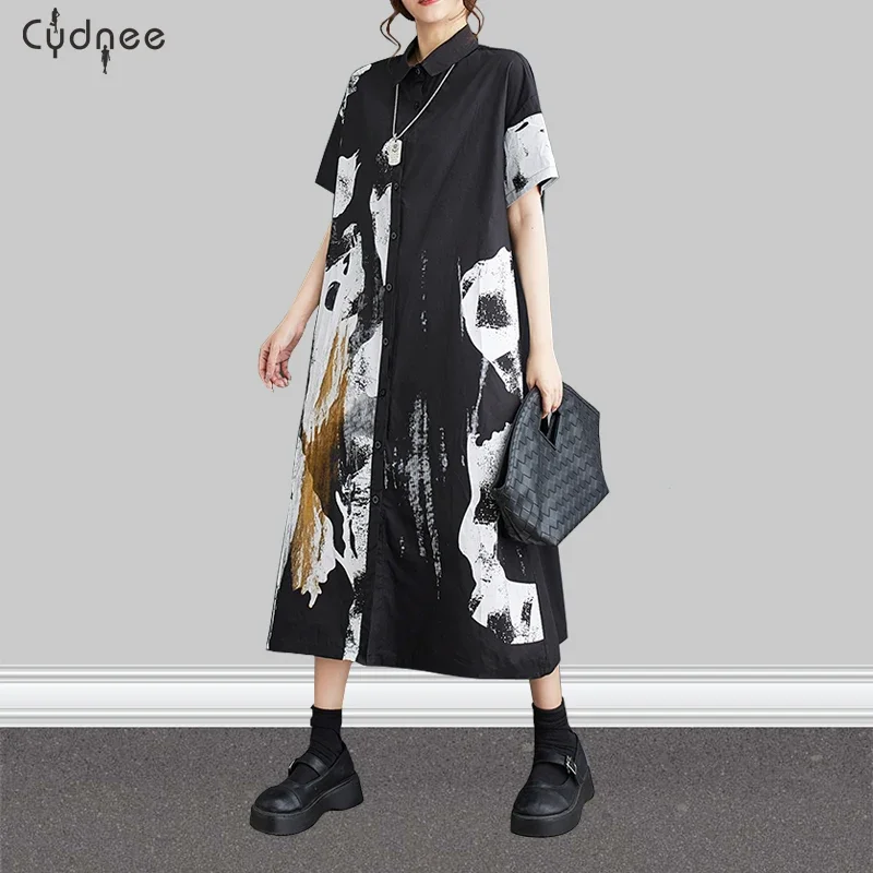 

Elegant Japanese Printed Long Dress for Women Short Sleeve Floral Dresses for Women Casual Loose Fashion Summer Shirt Dress