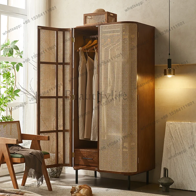 FG Nordic solid wood rattan wardrobe swing door Japanese storage cabinet