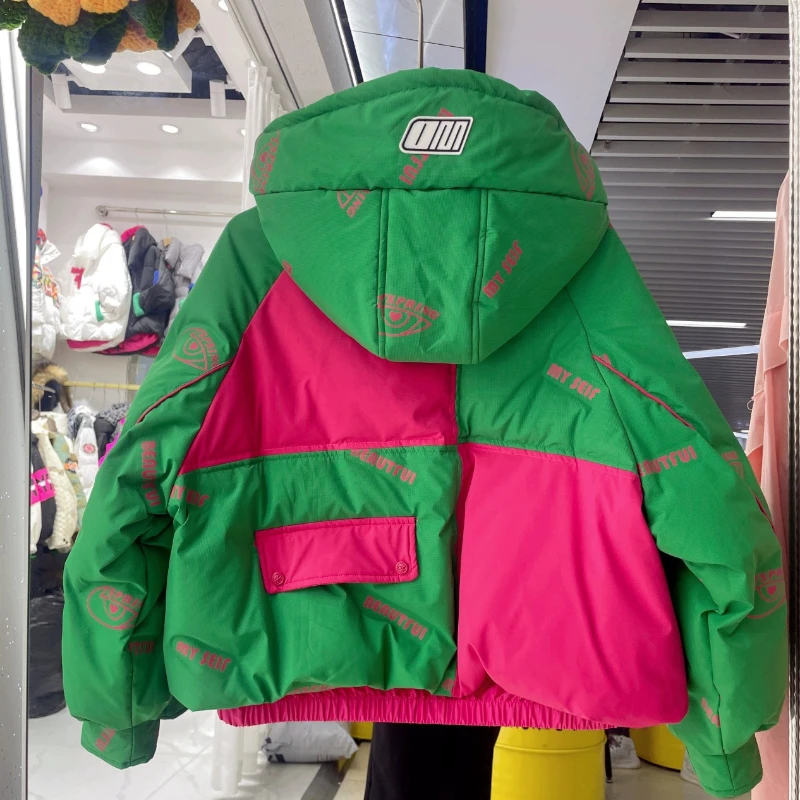 Chaqueta de plumón con capucha para mujer, abrigo cálido con estampado de letras y colisión de colores, parka informal, nueva tendencia, invierno,