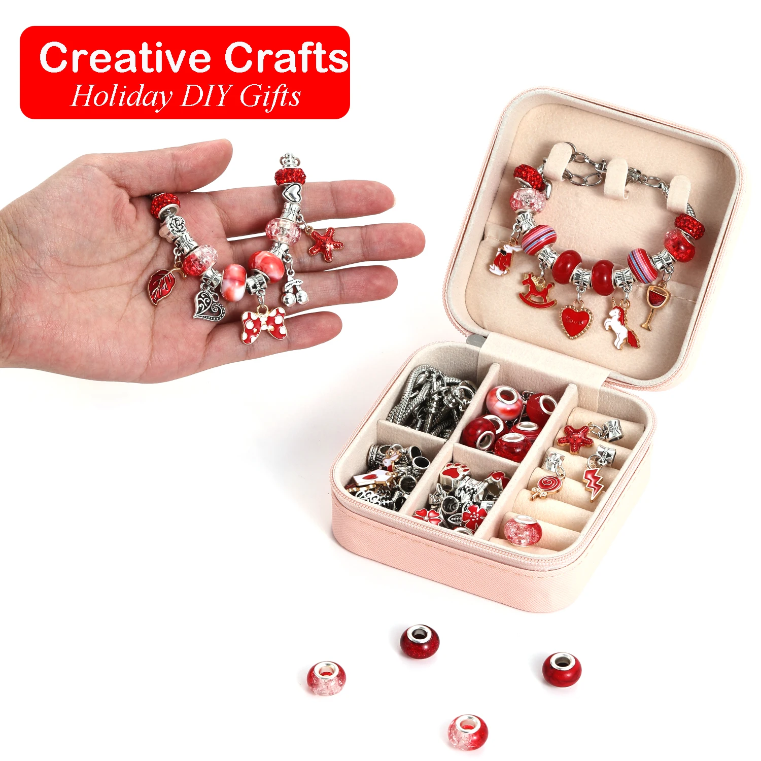 68-Piece Beaded Bracelet Making Kit, Red Series Jewelry DIY Gift Box, Christmas Craft Gift Set, With Jewelry Storage Box view 5