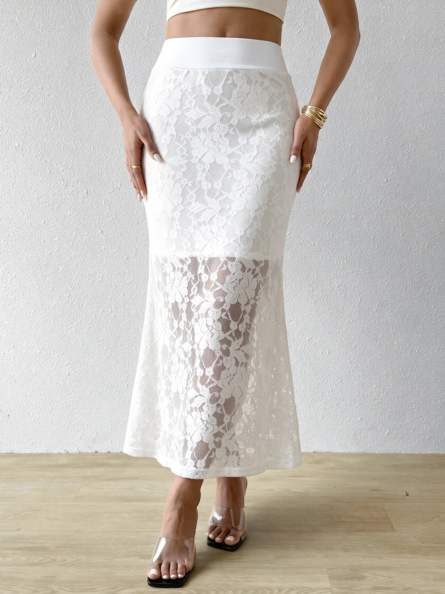 White Semi Sheer Lace Layered Fishtail Midi Skirt Women High Waist Slim Skirt