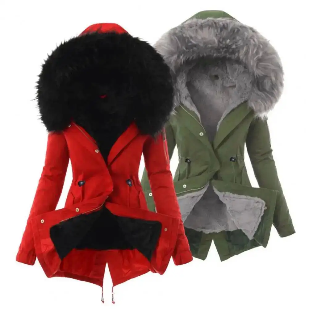 سترة نسائية من مزيج القطن مقاومة للرياح معطف شتوي مع جيوب بغطاء للرأس فروي وسحاب للإغلاق للطقس