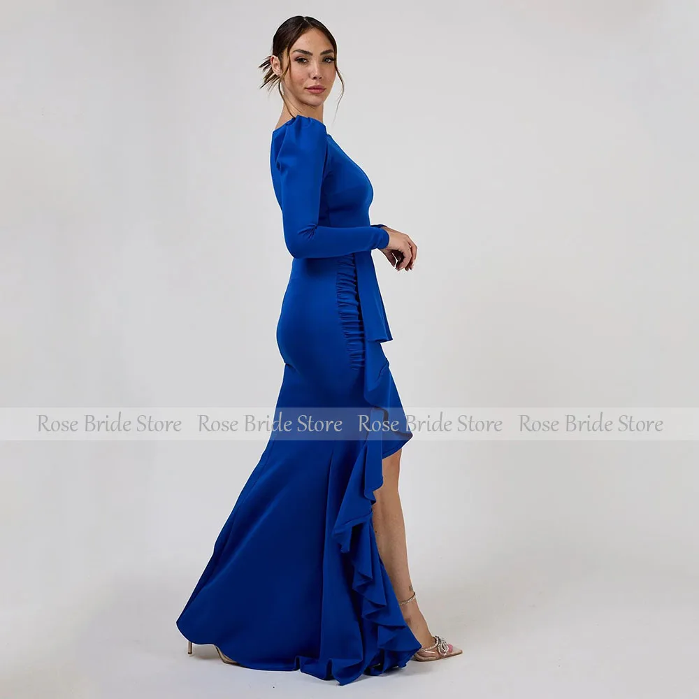 Vestidos de invitados de boda de color azul real para mujer, vestidos de noche de sirena de manga larga con escote redondo, vestido Formal elegante con abertura lateral y volantes 2025